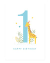 First birthday card with a giraffe and number one on a white background
