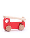 Red wooden toy car with a white background