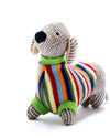 Knitted dog toy with a colorful striped body on a white background