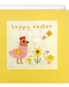 Happy Easter card with chickens, flowers, and a chick on a yellow background