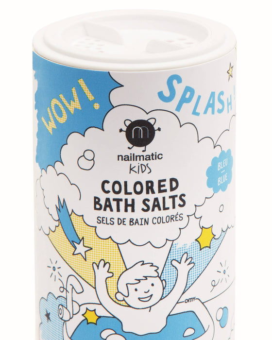 Tub of nailmatic Kids colored bath salts with cartoon design on a white background