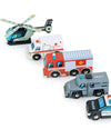 Set of toy emergency vehicles including a helicopter, ambulance, fire truck, and police cars on a white background.