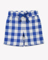 Blue and white checkered shorts with a tie waist on a white background