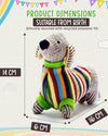 Crocheted dog toy with colorful stripes and dimensions on a light background
