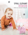 Baby crawling on a light surface with a pink elephant rattle and flowers in the background