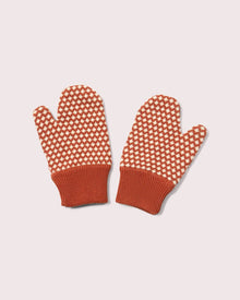  Pair of red and white checkered mittens on a light beige background