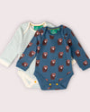 Little Green Radicals Blue Bears organic cotton baby bodysuit 2 pack with printed and striped designs.