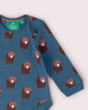 Little Green Radicals Blue Bears organic cotton baby bodysuit 2 pack with printed and striped designs.