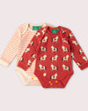 Little Green Radicals Little Unicorns organic cotton baby bodysuit 2 pack with printed and striped designs.