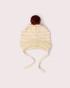 Little Green Radicals oatmeal striped organic cotton knitted bobble hat with ear covers and ties.