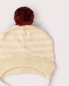 Little Green Radicals oatmeal striped organic cotton knitted bobble hat with ear covers and ties.
