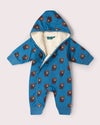 Little Green Radicals Blue Bears organic cotton sherpa lined snowsuit for babies and toddlers.