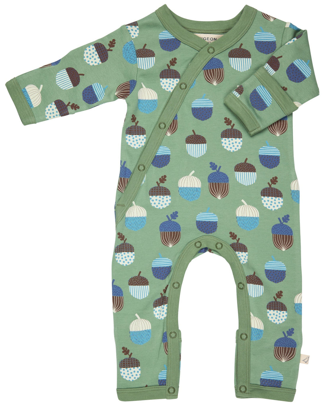  Green baby romper with acorn pattern on a white background