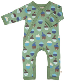  Green baby romper with acorn pattern on a white background