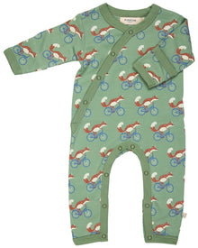  Green baby romper with foxes on bicycles pattern on a white background