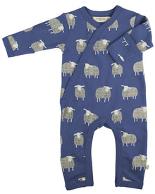  Blue baby onesie with sheep pattern on a white background