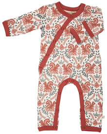  Baby romper with red and gray animal pattern on a white background