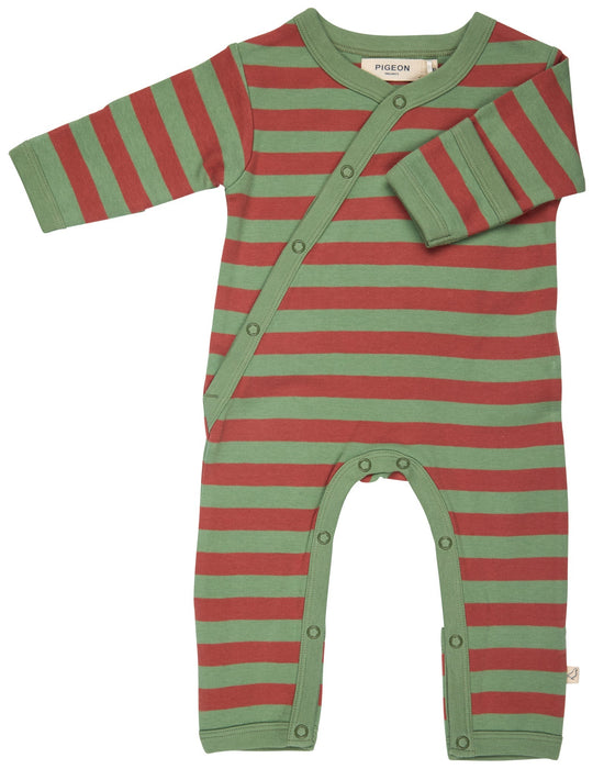 Breton Stripe in Orange & Green Romper - Organic Cotton with Built-In Scratch Mitts - Pigeon Organics