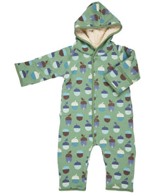  A green snuggle suit with acorn and geometric patterns, featuring a hood and fleece lining.