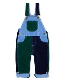  Children's blue and green denim overalls on a white background