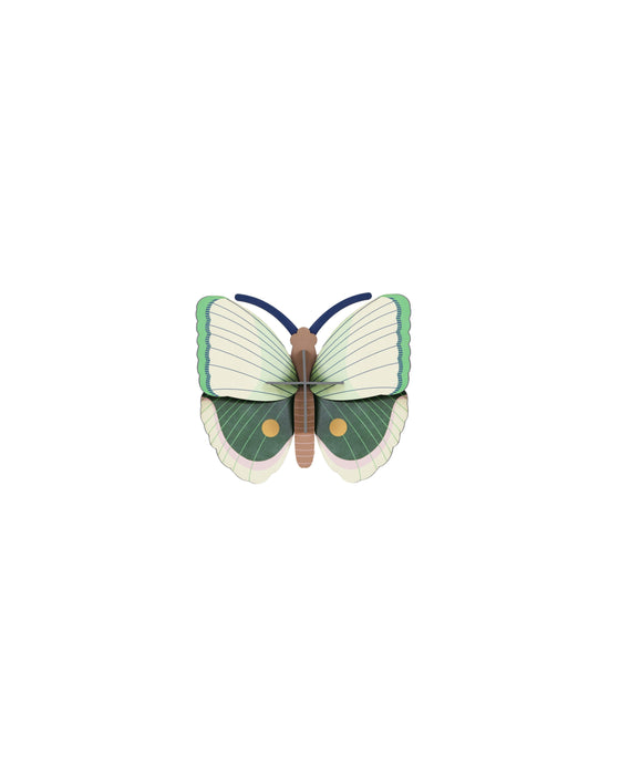 Butterfly-shaped object with green and white wings on a white background