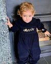Enchanted Robin Smocked Baby Boy Romper - Navy Corduroy - The Blue Zebra
