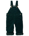 Dark green overalls with button details on a white background