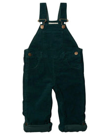  Dark green overalls with button details on a white background