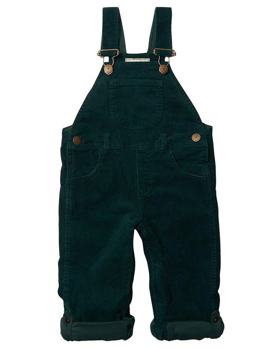 Dark green overalls with button details on a white background