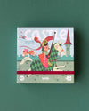 Puzzle box with a castle and knight design on a green background