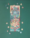 Jigsaw puzzle with a castle design on a green background