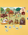 Illustrated scene with animals and objects on a yellow background
