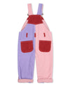 Pair of pink and purple corduroy overalls with red pockets on a white background
