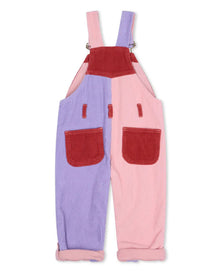  Pair of pink and purple corduroy overalls with red pockets on a white background