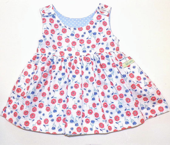 Reversible summer pinafore dress, blue/white spots / poppy flowers - Ruth Lednik