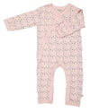 Pink baby romper with floral pattern on a white background