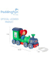 Toy train with Paddington Bear on a white background, featuring dimensions.