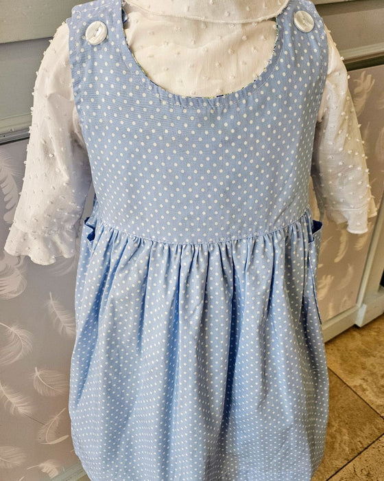 Reversible Pinafore Dress - Sky Blue Pokka dot/Blue Daisy - Ruth Lednik