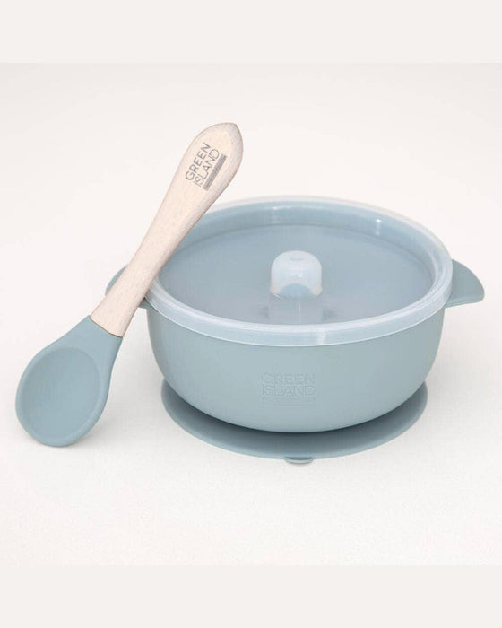 Silicone Baby Bowl & Spoon - Green/Blue/Pink - Green Island