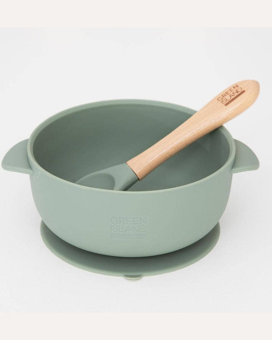 Silicone Baby Bowl & Spoon - Green/Blue/Pink - Green Island