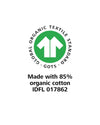 GOTS certification logo with text indicating organic cotton content on a white background