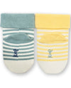 Two pairs of baby socks, one blue and one yellow, with striped patterns on a white background.