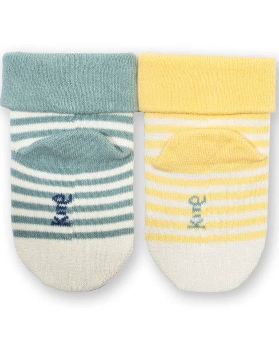 Two pairs of baby socks, one blue and one yellow, with striped patterns on a white background.
