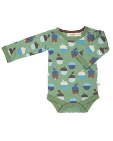  Green baby onesie with acorn pattern on a white background