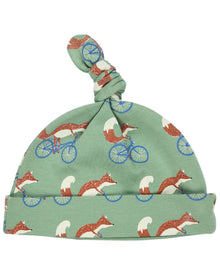  Green baby hat with fox pattern on a white background