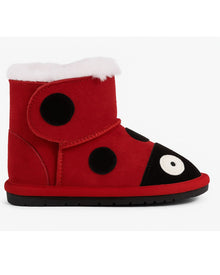  Red ladybug-themed boot with black spots and a white dot on a white background