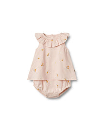  Organic Cotton Baby Dress Bodysuit – Sleeveless with Embroidery & Ruffle Neckline - Wheat