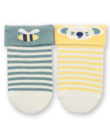  Two pairs of baby socks with bee and bear designs on a white background