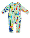 Colorful baby onesie with crayon design on a white background