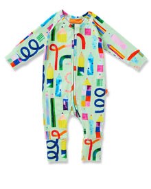  Colorful baby onesie with crayon design on a white background